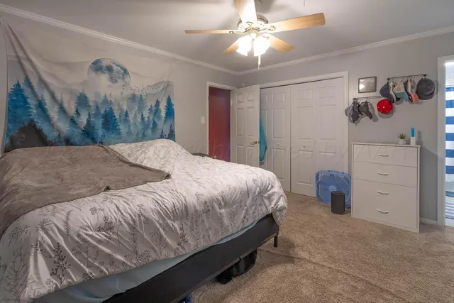 a bedroom with a bed and a walk in closet