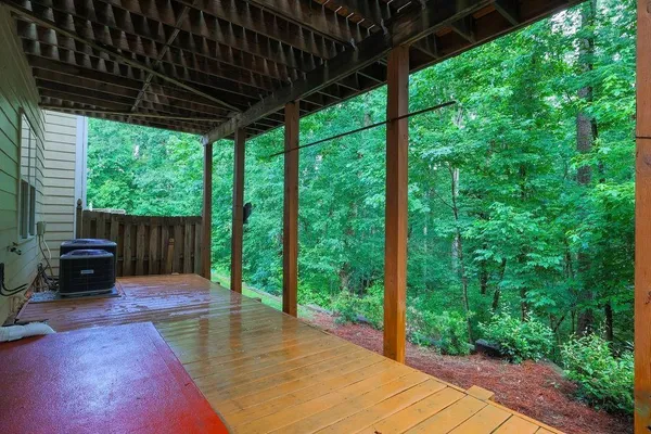a garden view with a seating space