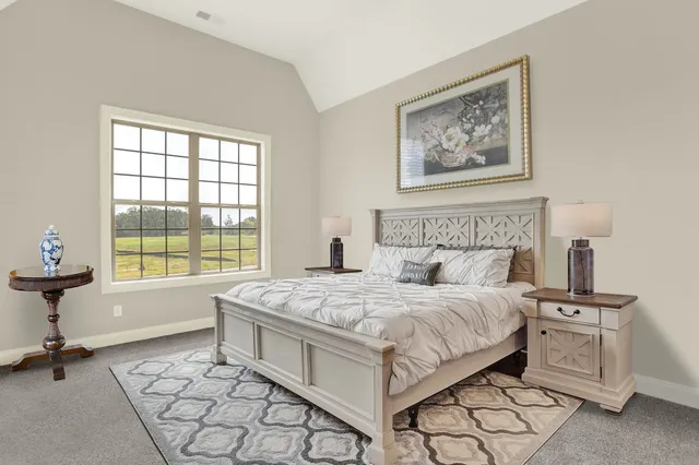a bedroom with a large bed and a chandelier