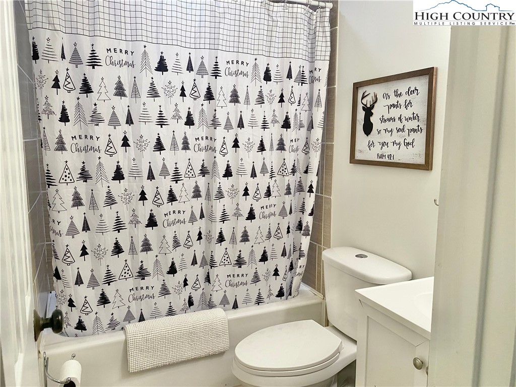 702 Pine Ridge Road Beech Mountain, NC 28604 - Photo 13 of 24 a white toilet sitting next to a shower curtain