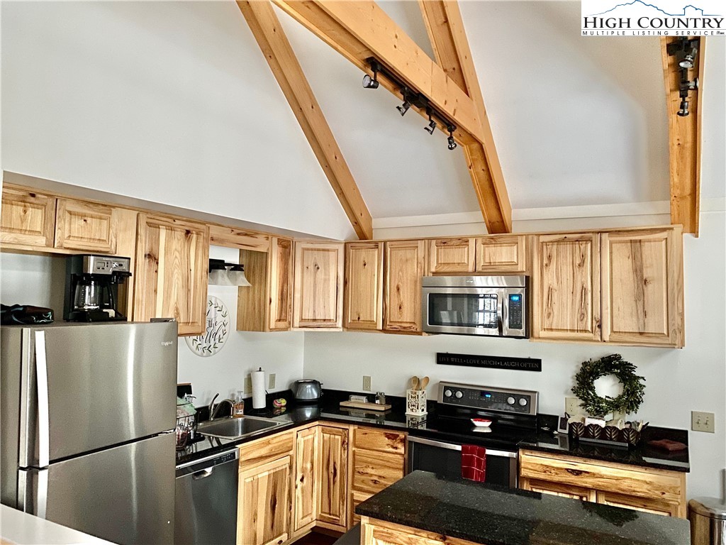 702 Pine Ridge Road Beech Mountain, NC 28604 - Photo 6 of 24 a kitchen with stainless steel appliances a refrigerator a sink a stove and cabinets