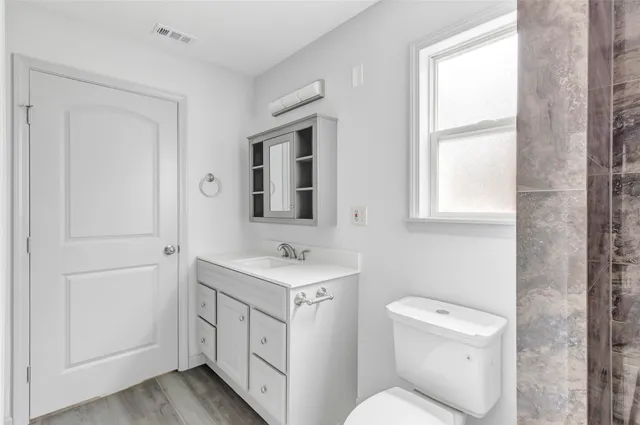 a bathroom with a toilet sink and mirror