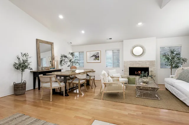 a living room with furniture a fireplace and a potted plant
