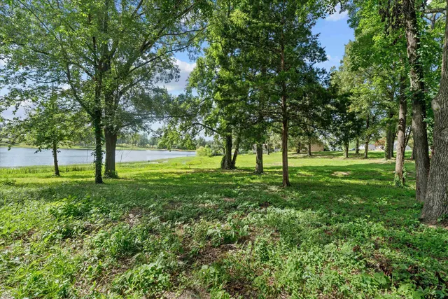 a view of grassy field with benches and trees all around