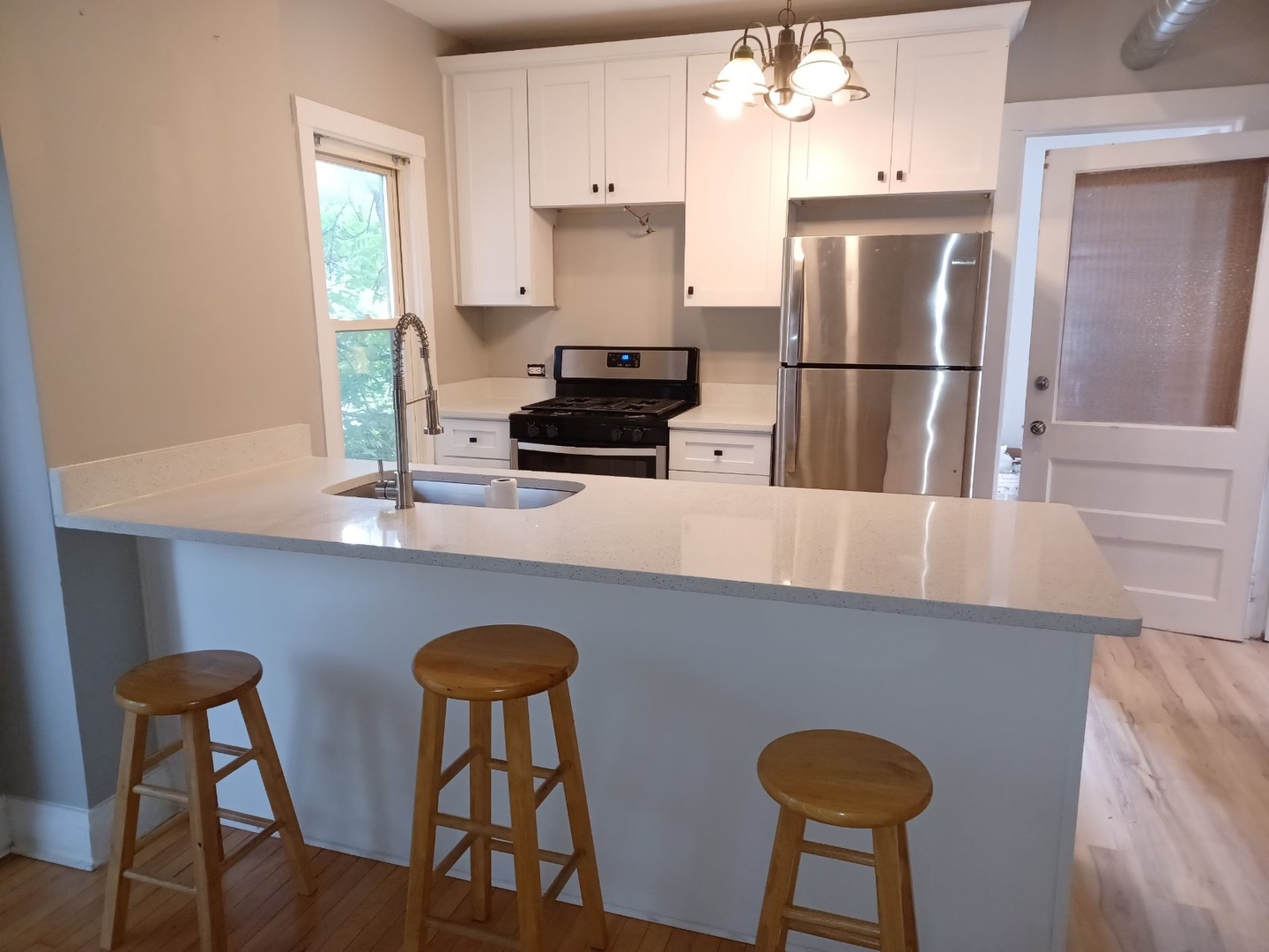 217 Des Plaines Avenue, Unit 1 Forest Park, IL 60130 - Photo 6 of 15 a kitchen with stainless steel appliances granite countertop a dining table chairs refrigerator and sink