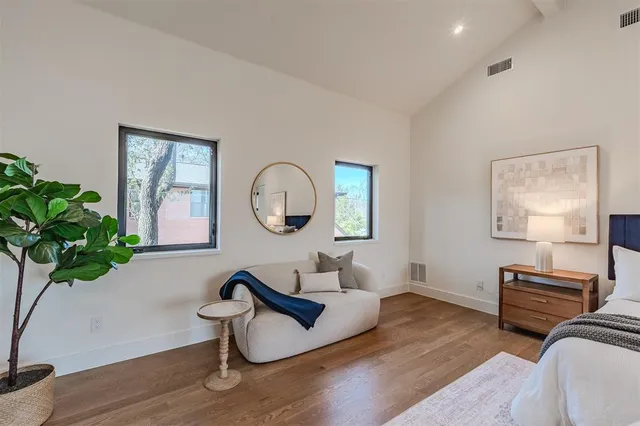 a living room with furniture a potted plant and a window