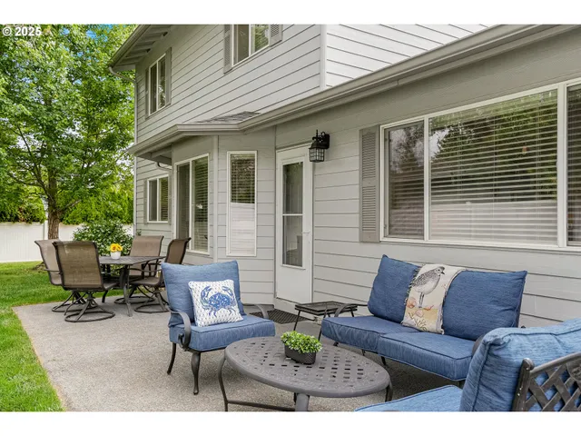 a building outdoor space with patio furniture