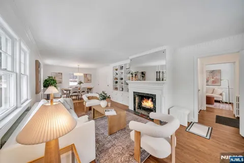 a living room with furniture a fireplace and a potted plant