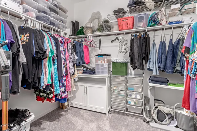 a view of walk in closet with clothes and shoes