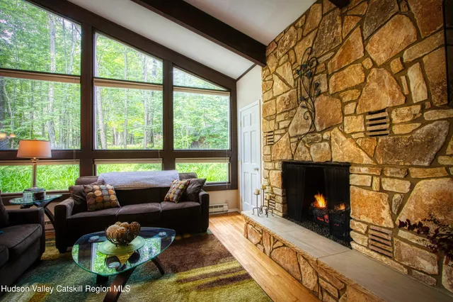 a living room with furniture a fireplace and a floor to ceiling window