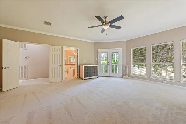 a view of balcony with wooden floor