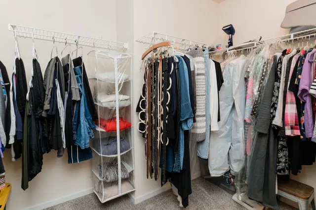 a view of walk in closet with clothes