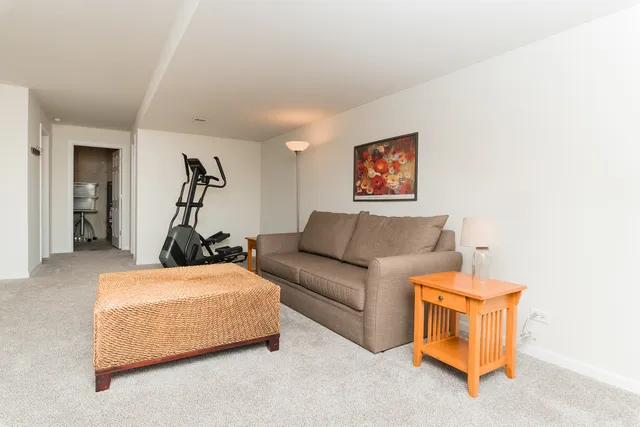 a living room with furniture and a gym machine