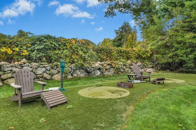 a view of a park with large trees