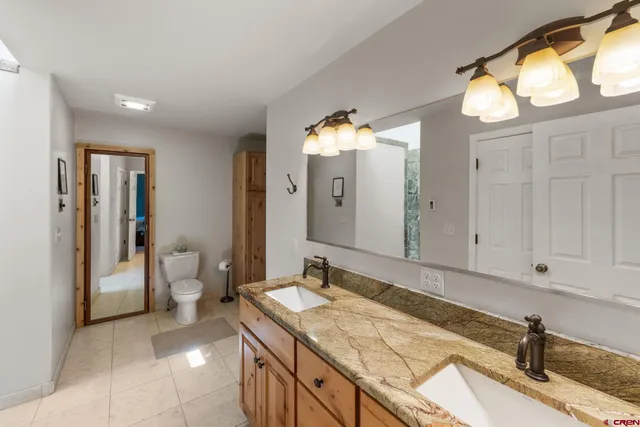 a bathroom with a sink a toilet and a mirror