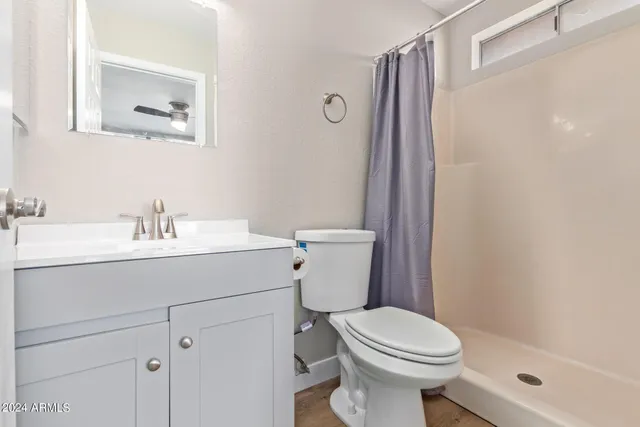 a bathroom with a sink mirror and toilet