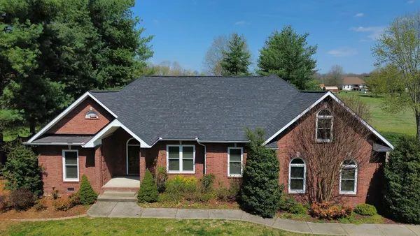 a view of a house with a big yard and potted plants and large trees