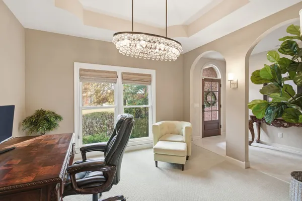 a living room with furniture a fireplace and potted plants