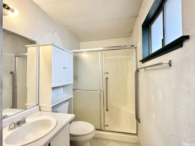 a bathroom with a shower a sink a toilet and a mirror