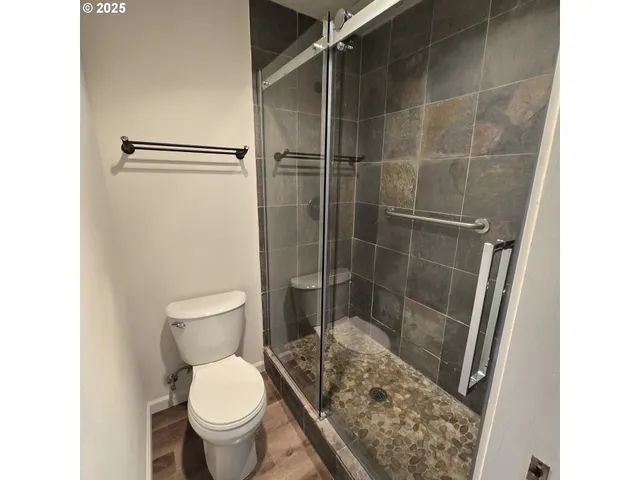 a bathroom with a toilet and a shower