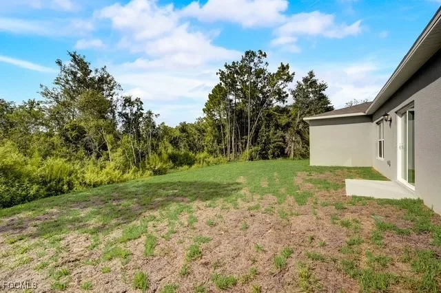 a view of a yard with plants and trees