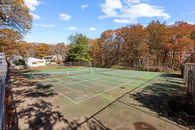 a view of a tennis ground with large trees