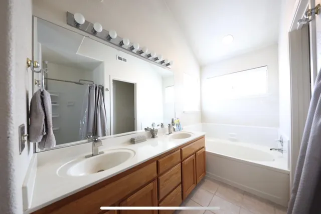 a bathroom with a tub sink and mirror
