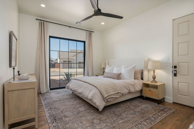 4871 South Homestead Way Washington, UT 84780 - Photo 62 of 151 Bedroom with access to outside, a ceiling fan, dark wood-style floors, and recessed lighting