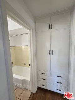 a bathroom with a bathtub and shower