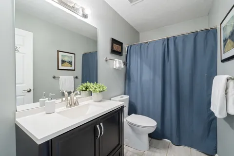 a bathroom with a sink vanity mirror and toilet