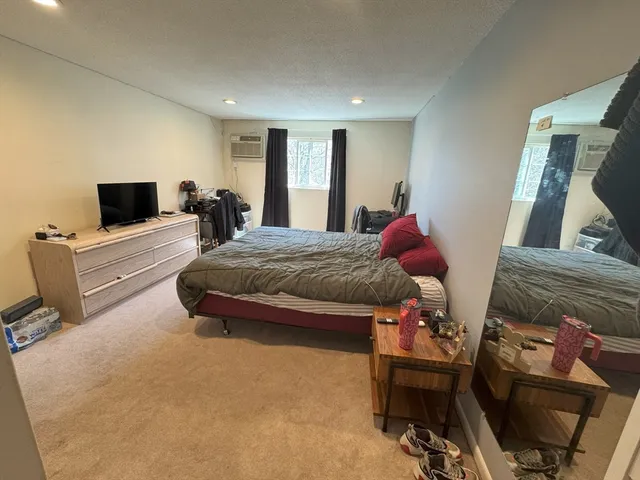 a bedroom with a bed and flat screen tv