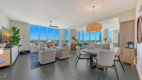 a view of a dining room with furniture window and wooden floor