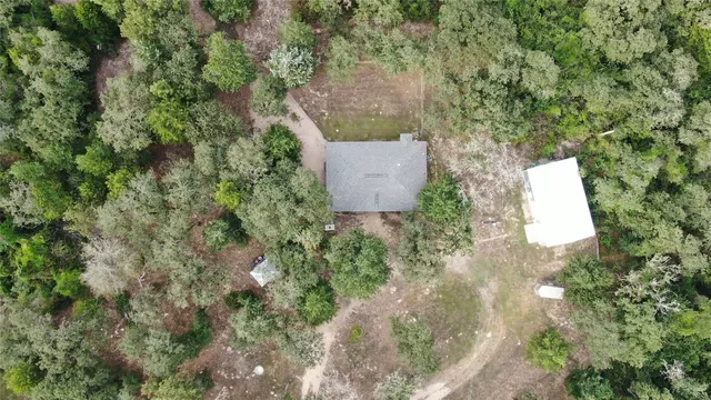 an aerial view of a house with a yard and a large tree