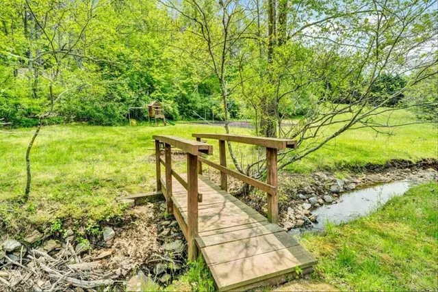 a view of swimming pool with lawn chairs and plants