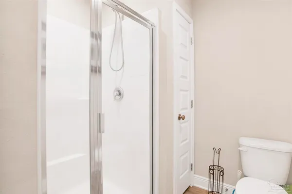 a bathroom with a shower curtain