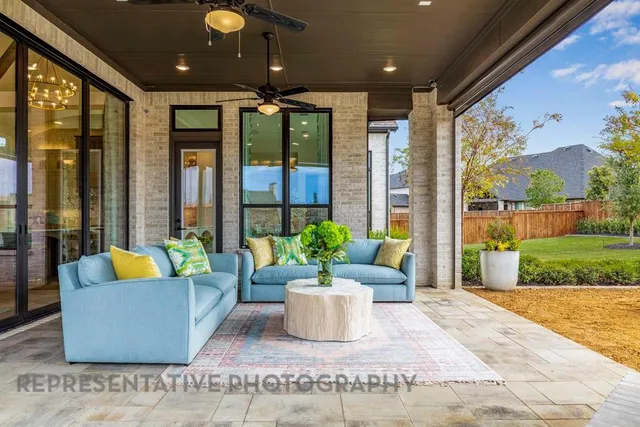 a view of a living room and a fountain