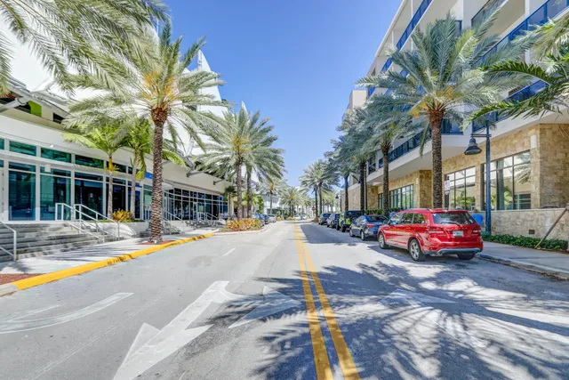 a street with cars and palm trees