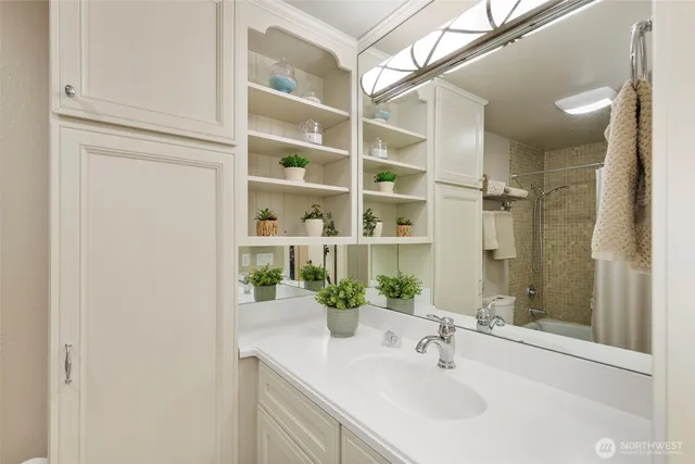 a bathroom with a sink and a mirror
