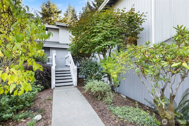a pathway of a house with flower plants