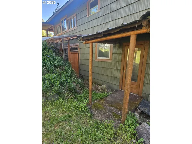 a garden view with a sitting space