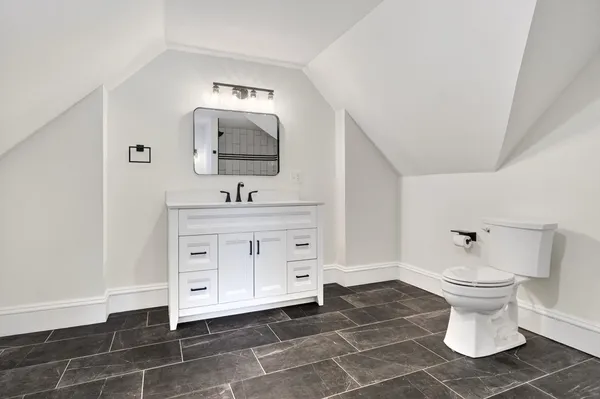 a bathroom with a sink toilet and mirror