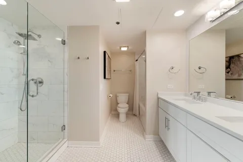a bathroom with a sink a toilet and shower