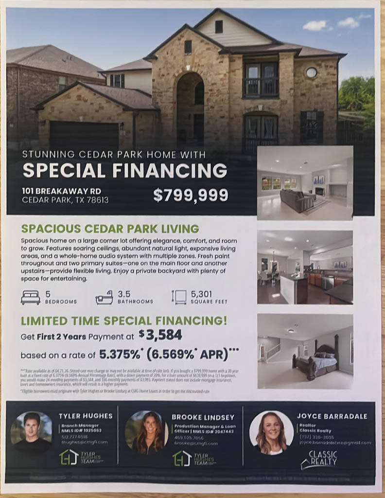 101 Breakaway Road Cedar Park, TX 78613 - Photo 36 of 37 Property Listing Advertisement. Displaying property specifics, financial terms, and contact information