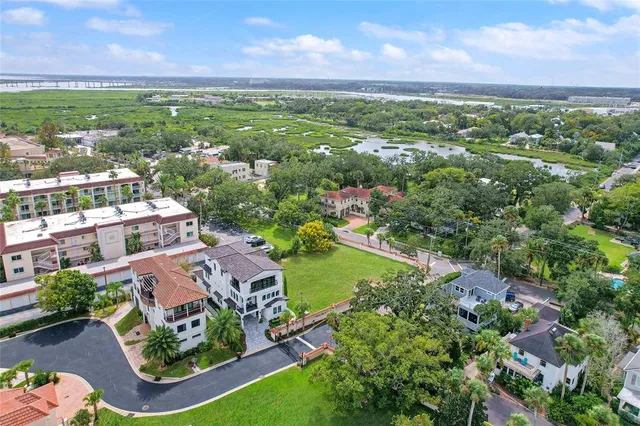 an aerial view of residential houses with outdoor space and street view