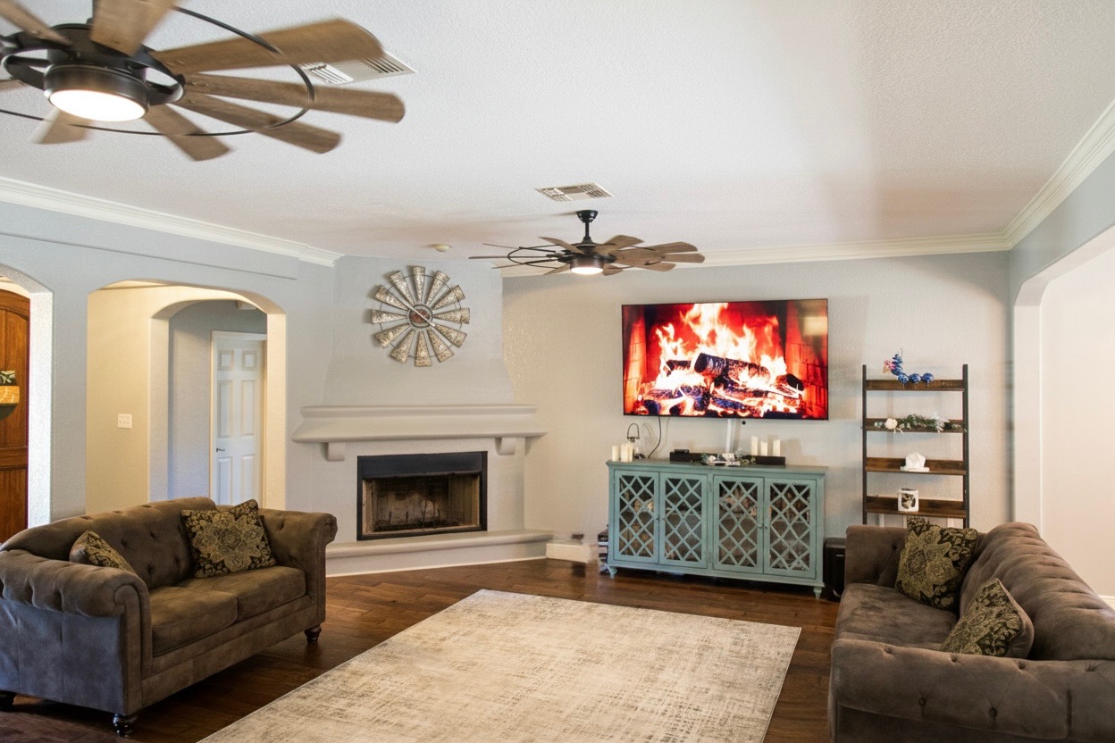 1159 Astral Point Spring Branch, TX 78070 - Photo 13 of 38 a living room with furniture a flat screen tv and a fireplace