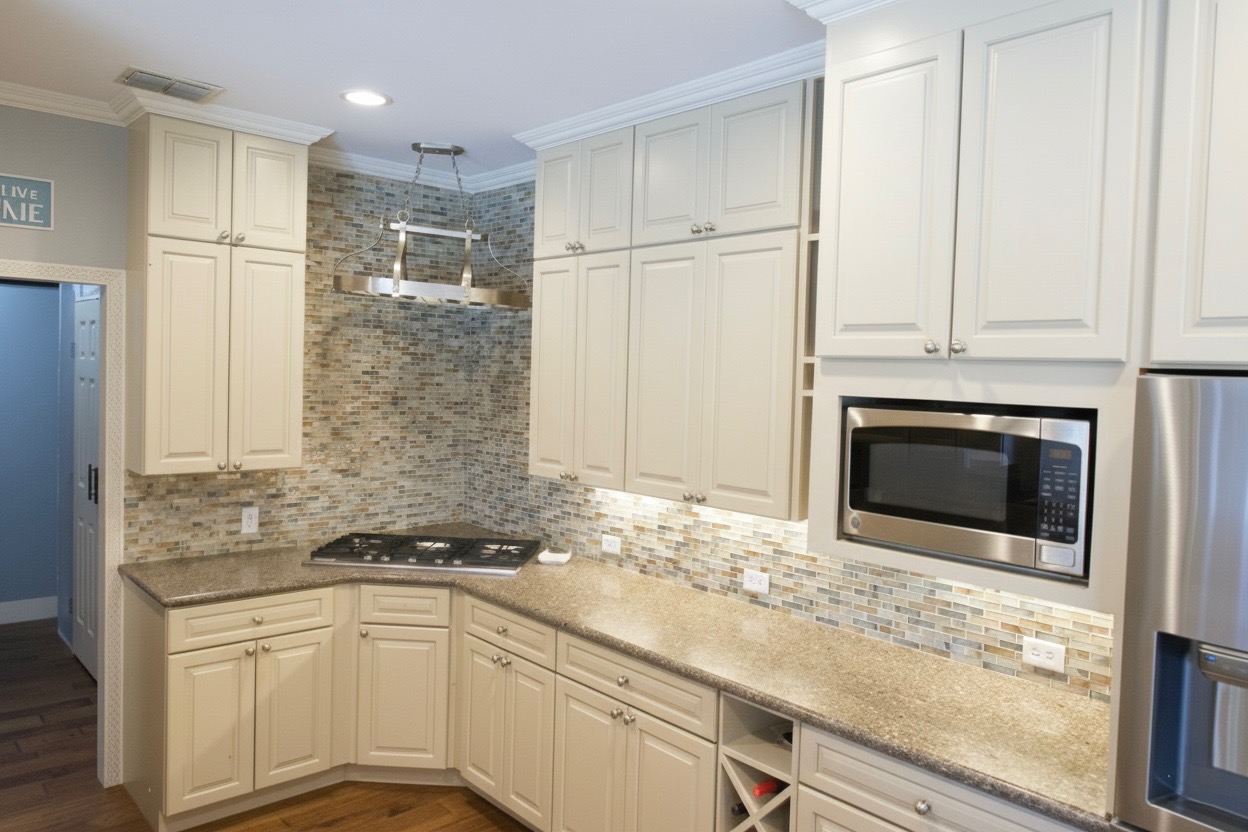 1159 Astral Point Spring Branch, TX 78070 - Photo 9 of 38 a kitchen with granite countertop white cabinets and white appliances
