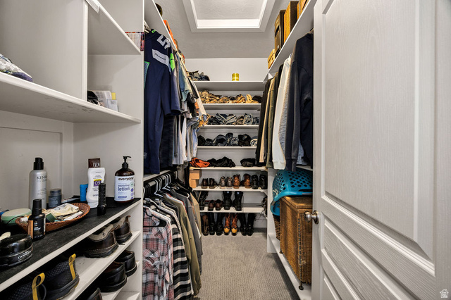 288 525 South Providence, UT 84332 - Photo 20 of 71 Walk-in closet featuring built-in shelving, hanging rods, carpet flooring, and recessed ceiling lighting