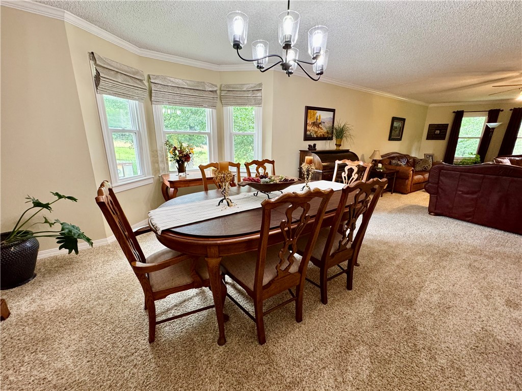 15196 Cincinnati Creek Road Summers, AR 72769 - Photo 16 of 42 Bright dining area featuring a bay window with Roman shades, crown molding, and a chandelier with glass shades