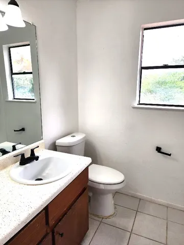 a bathroom with a sink a toilet and mirror