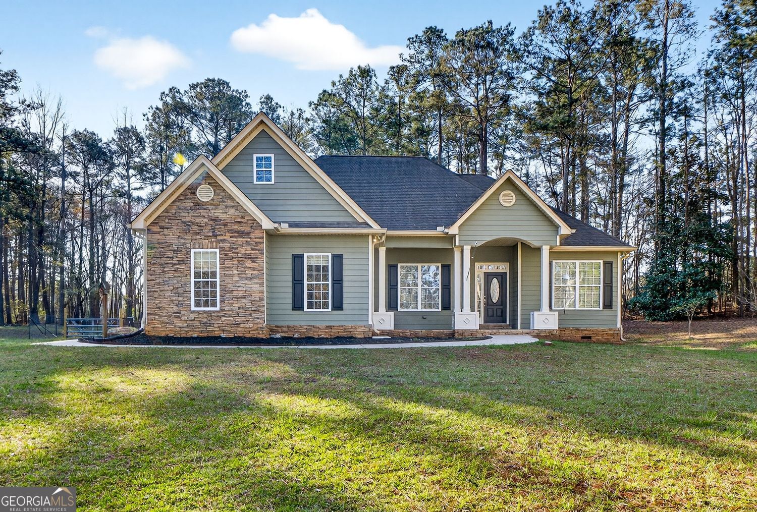 a front view of house with yard and green space